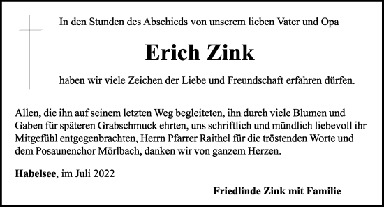 Traueranzeige von Erich Zink von Rothenburg