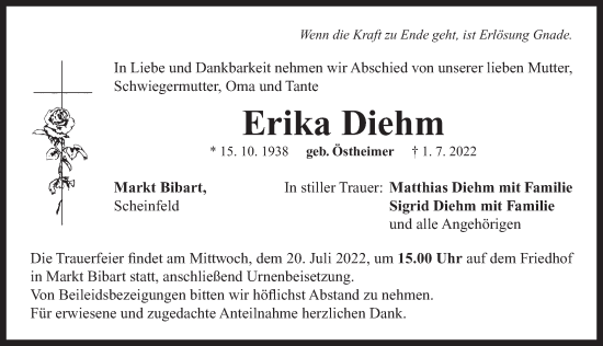 Traueranzeige von Erika Diehm von Neustadt/ Scheinfeld/ Uffenheim