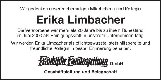 Traueranzeige von Erika Limbacher von Ansbach