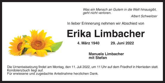 Traueranzeige von Erika Limbacher von Ansbach