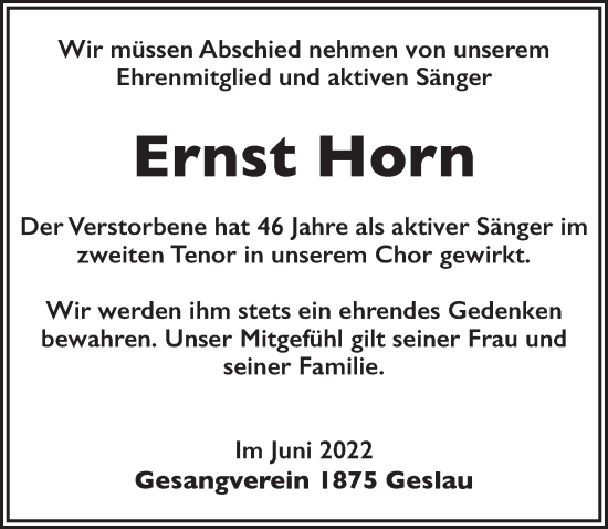 Traueranzeige von Ernst Horn von Rothenburg