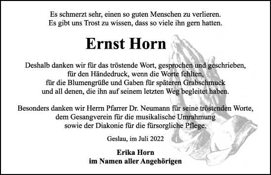 Traueranzeige von Ernst Horn von Rothenburg
