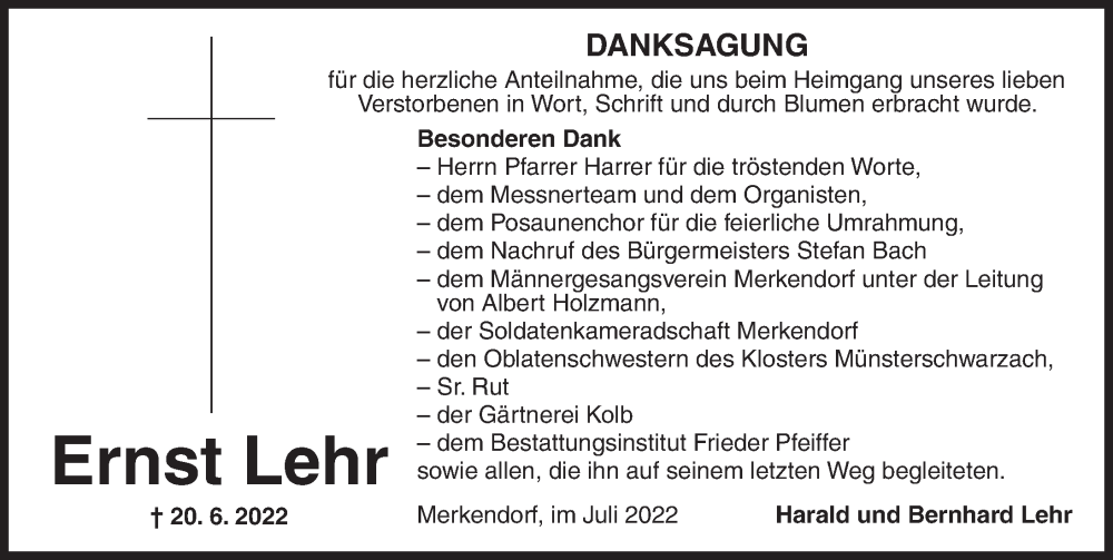  Traueranzeige für Ernst Lehr vom 09.07.2022 aus Ansbach