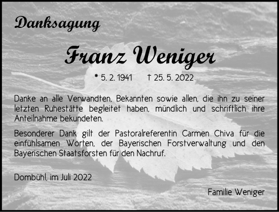 Traueranzeige von Franz Weniger von Ansbach