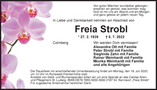 Traueranzeige von Freia Strobl von Ansbach