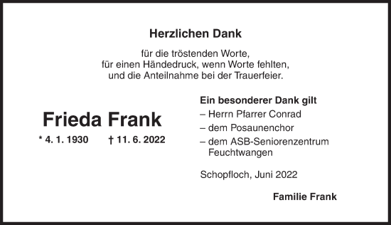 Traueranzeige von Frieda Frank von Dinkelsbühl/ Feuchtwangen