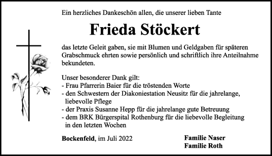 Traueranzeige von Frieda Stöckert von Rothenburg