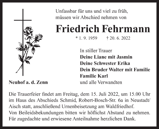 Traueranzeige von Friedrich Fehrmann von Neustadt/ Scheinfeld/ Uffenheim