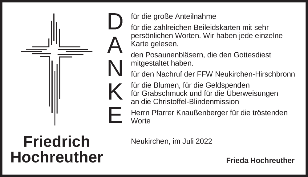  Traueranzeige für Friedrich Hochreuther vom 16.07.2022 aus Ansbach