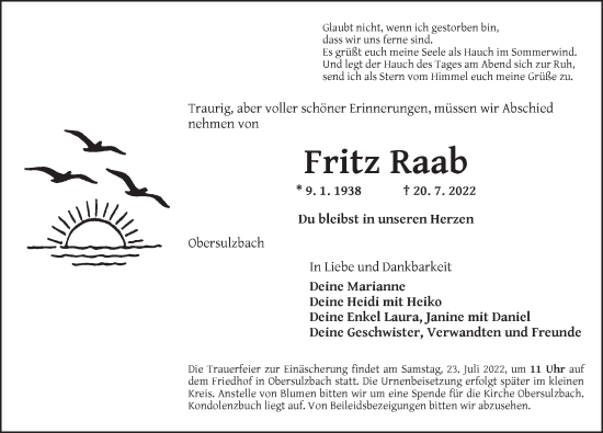 Traueranzeige von Fritz Raab von Ansbach