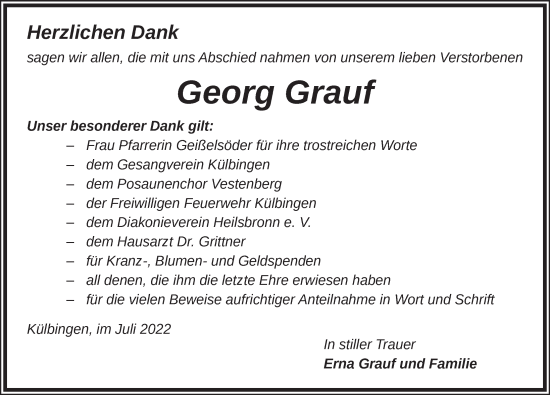 Traueranzeige von Georg Grauf von Ansbach