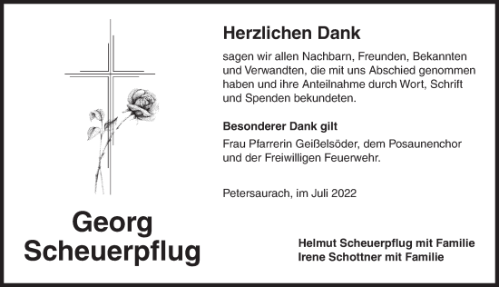 Traueranzeige von Georg Scheuerpflug von Ansbach