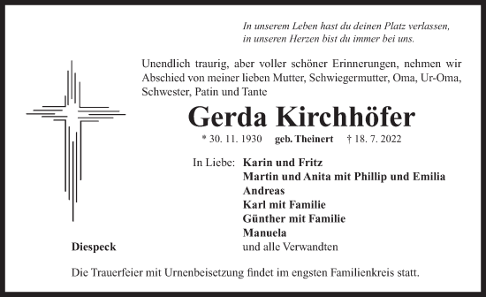 Traueranzeige von Gerda Kirchhöfer von Neustadt/ Scheinfeld/ Uffenheim