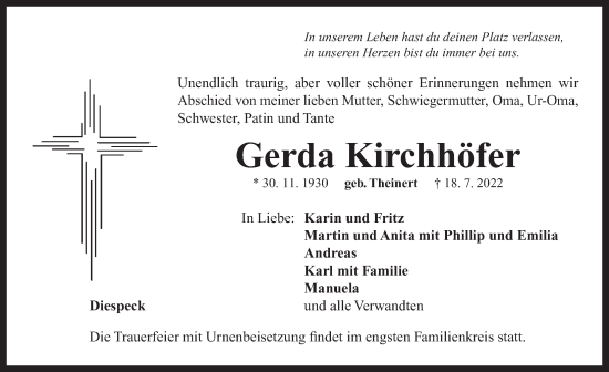 Traueranzeige von Gerda Kirchhöfer von Neustadt/ Scheinfeld/ Uffenheim