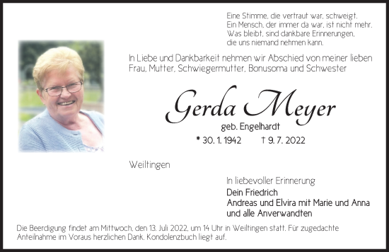 Traueranzeige von Gerda Meyer von Dinkelsbühl/ Feuchtwangen