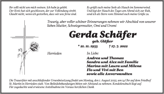 Traueranzeige von Gerda Schäfer von Ansbach