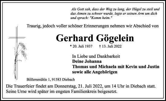 Traueranzeige von Gerhard Gögelein von Rothenburg