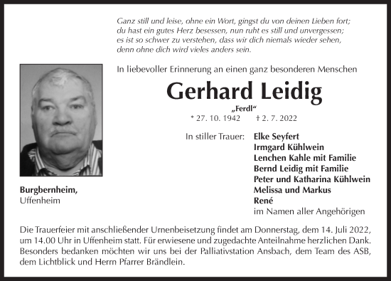 Traueranzeige von Gerhard Leidig von Neustadt/ Scheinfeld/ Uffenheim