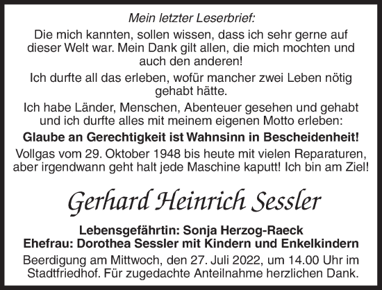 Traueranzeige von Gerhard Heinrich Sessler von Ansbach