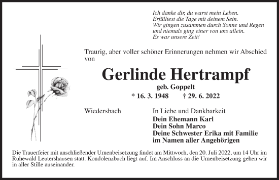 Traueranzeige von Gerlinde Hertrampf von Ansbach