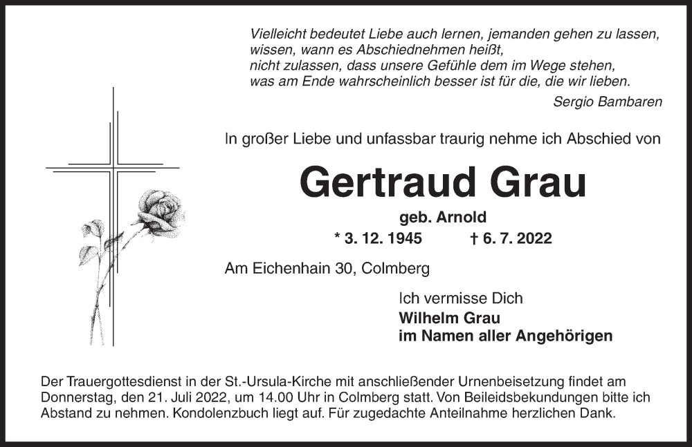  Traueranzeige für Gertraud Grau vom 16.07.2022 aus Ansbach