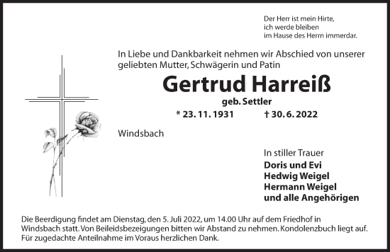 Traueranzeige von Gertrud Harreiß von Ansbach