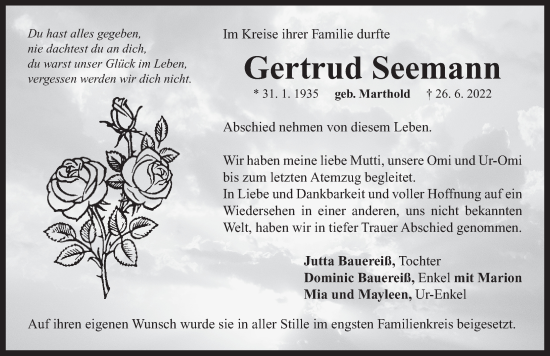 Traueranzeige von Gertrud Seemann von Neustadt/ Scheinfeld/ Uffenheim