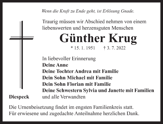 Traueranzeige von Günther Krug von Neustadt/ Scheinfeld/ Uffenheim