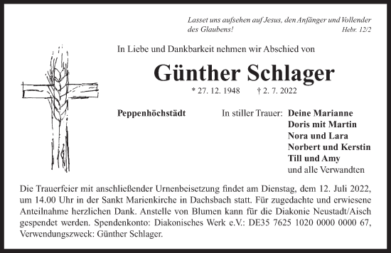 Traueranzeige von Günther Schlager von Neustadt/ Scheinfeld/ Uffenheim