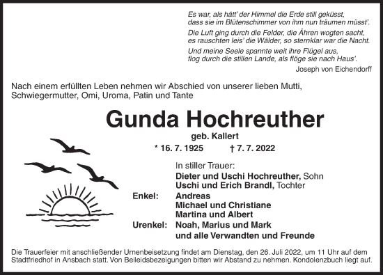 Traueranzeige von Gunda Hochreuther von Ansbach