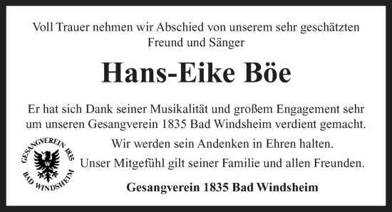 Traueranzeige von Hans-Eike Böe von Neustadt/ Scheinfeld/ Uffenheim