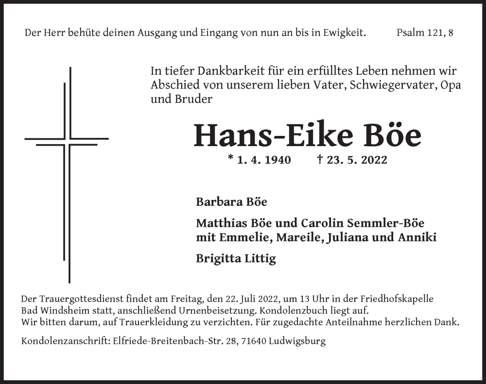  Traueranzeige für Hans-Eike Böe vom 19.07.2022 aus Neustadt/ Scheinfeld/ Uffenheim