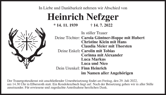 Traueranzeige von Heinrich Nefzger von Ansbach