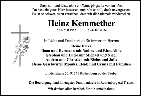 Traueranzeige von Heinz Kemmether von Rothenburg