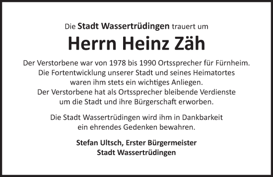 Traueranzeige von Heinz Zäh von Dinkelsbühl/ Feuchtwangen