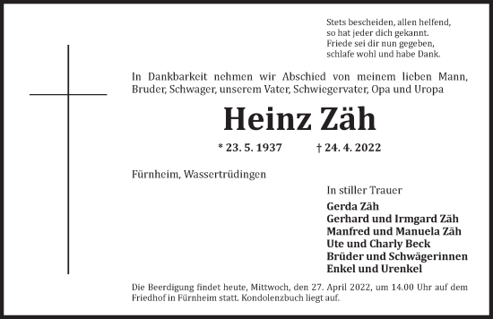 Traueranzeige von Heinz Zäh von Dinkelsbühl/ Feuchtwangen