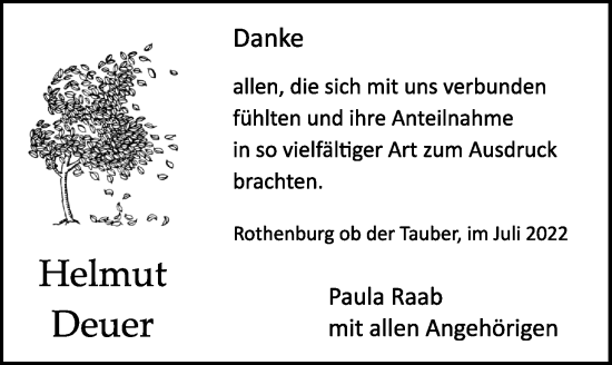 Traueranzeige von Helmut Deuer von Rothenburg