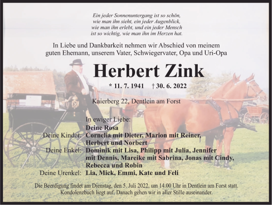 Traueranzeige von Herbert Zink von Dinkelsbühl/ Feuchtwangen