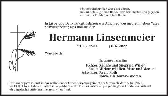 Traueranzeige von Hermann Linsenmeier von Ansbach