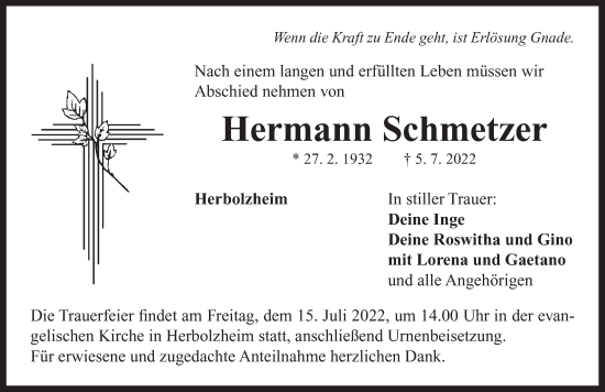 Traueranzeige von Hermann Schmetzer von Neustadt/ Scheinfeld/ Uffenheim