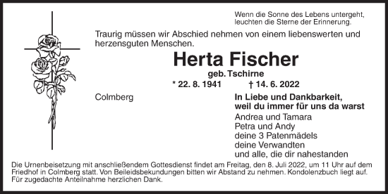 Traueranzeige von Herta Fischer von Ansbach