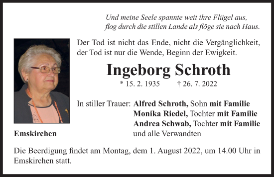 Traueranzeige von Ingeborg Schroth von Neustadt/ Scheinfeld/ Uffenheim