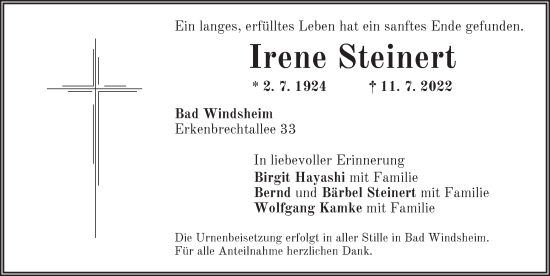 Traueranzeige von Irene Steinert von Neustadt/ Scheinfeld/ Uffenheim