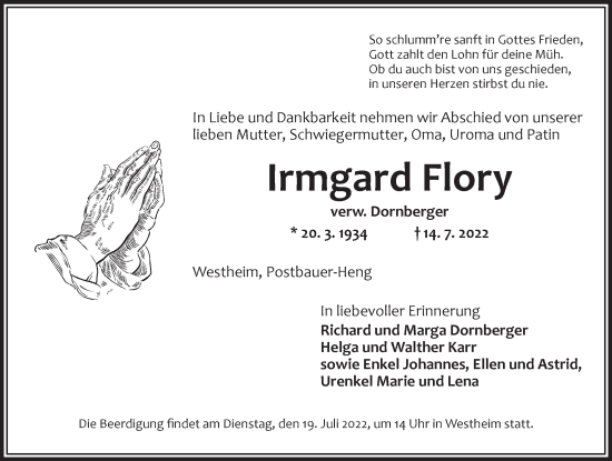 Traueranzeige von Irmgard Flory von Neustadt/ Scheinfeld/ Uffenheim