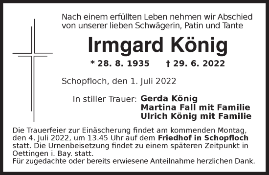 Traueranzeige von Irmgard König von Dinkelsbühl/ Feuchtwangen