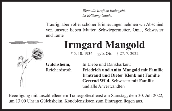 Traueranzeige von Irmgard Mangold von Neustadt/ Scheinfeld/ Uffenheim