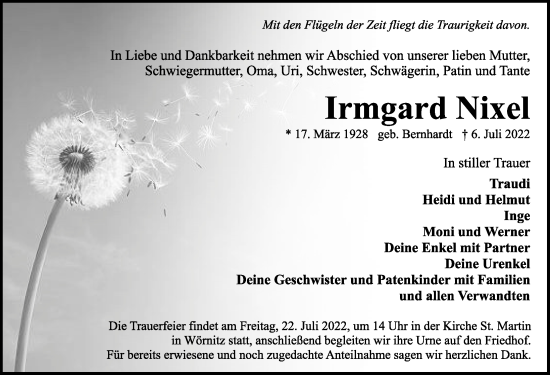 Traueranzeige von Irmgard Nixel von Rothenburg
