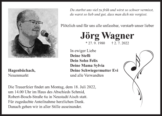 Traueranzeige von Jörg Wagner von Neustadt/ Scheinfeld/ Uffenheim