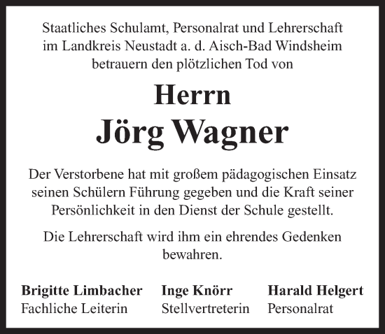 Traueranzeige von Jörg Wagner von Neustadt/ Scheinfeld/ Uffenheim