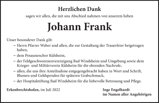 Traueranzeige von Johann Frank von Neustadt/ Scheinfeld/ Uffenheim